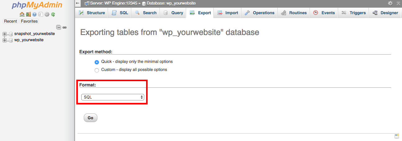 Exporte seu banco de dados phpMyAdmin