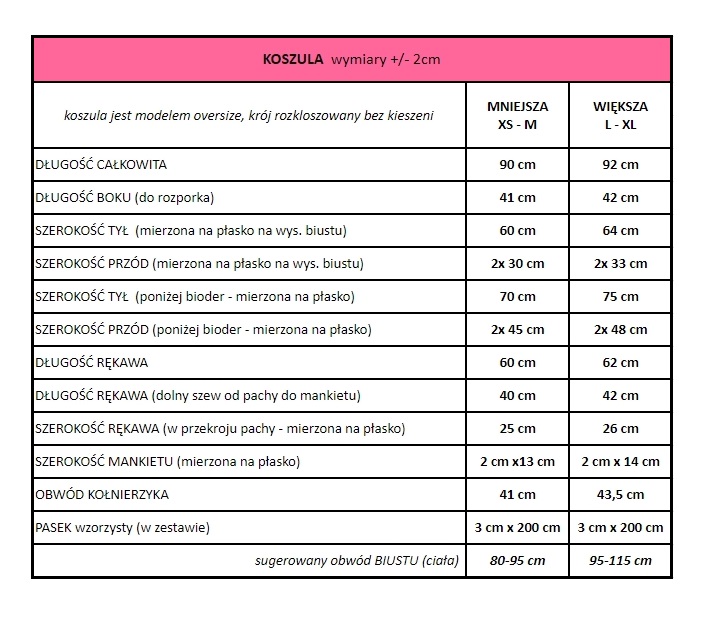 tabelka z wymiarami KOSZULI NAWROTANKA