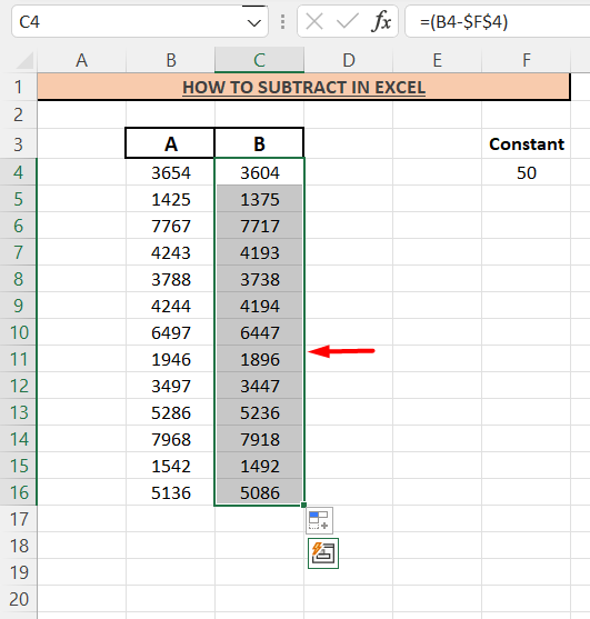 how to subtract in Excel- The operation is copied to the whole column