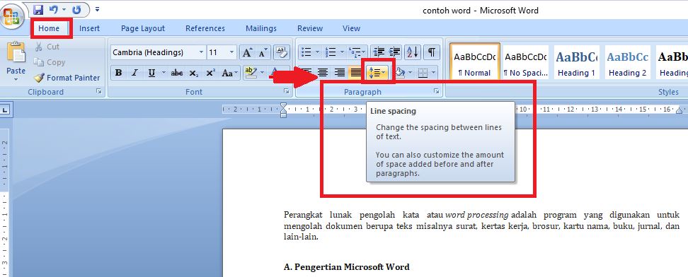 Cara Mengatur Spasi di Word Menggunakan Fitur Line Spacing: Pilih anak panah naik dan turun dan terletak di dalam kotak sub menu “Paragraph” pada sub menu “Line Spacing” 