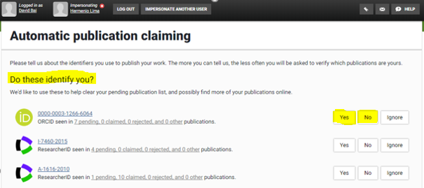 Box titled "Automatic Publication Claiming" requiring a 'yes', 'no' or 'ignore' response.