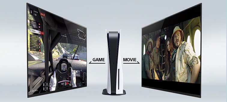 Two BRAVIA TV screens with a PS5™ in the middle, the left screen showing driving game in Game Mode, the right screen showing movie in Cinema Mode