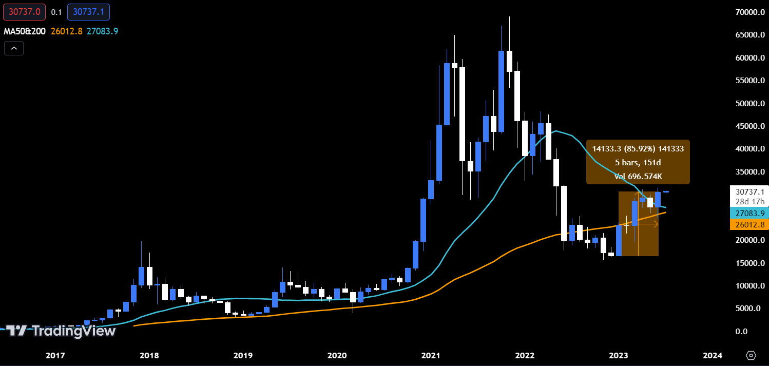 BTC/USD monthly price chart highlighting an 80% for H1 2023