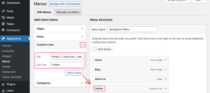 Adicionando um link personalizado ao seu menu de navegação