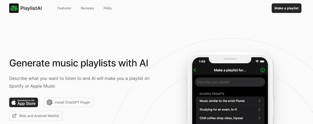 Playlist AI, generate spotify lists with a prompt. Homepage screenshot