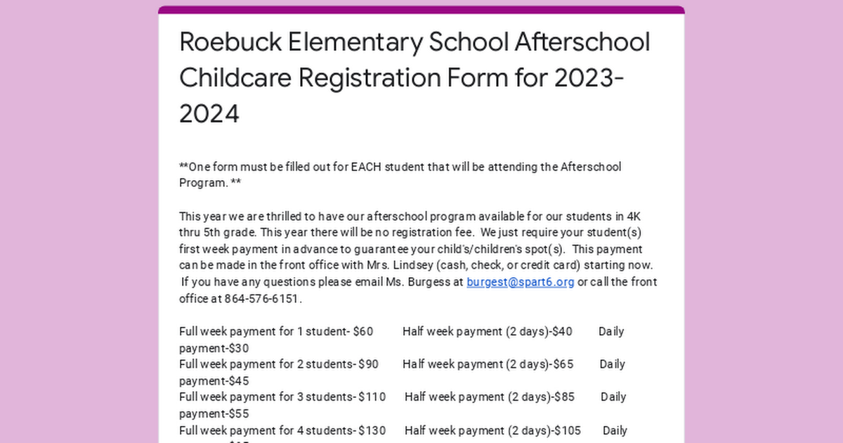 Roebuck Elementary School Afterschool Childcare Registration Form for 2023-2024