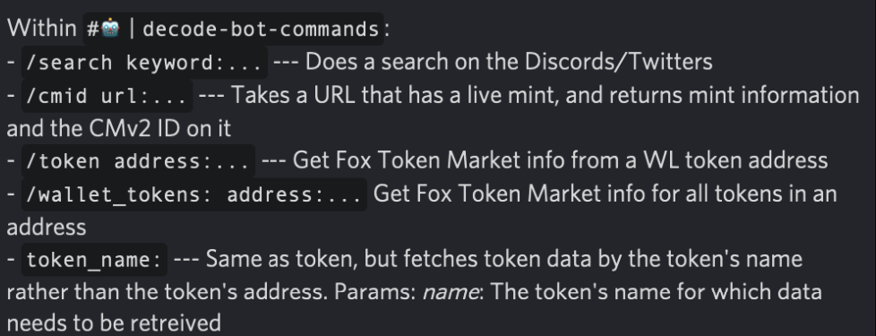 Soldecoder bot commands