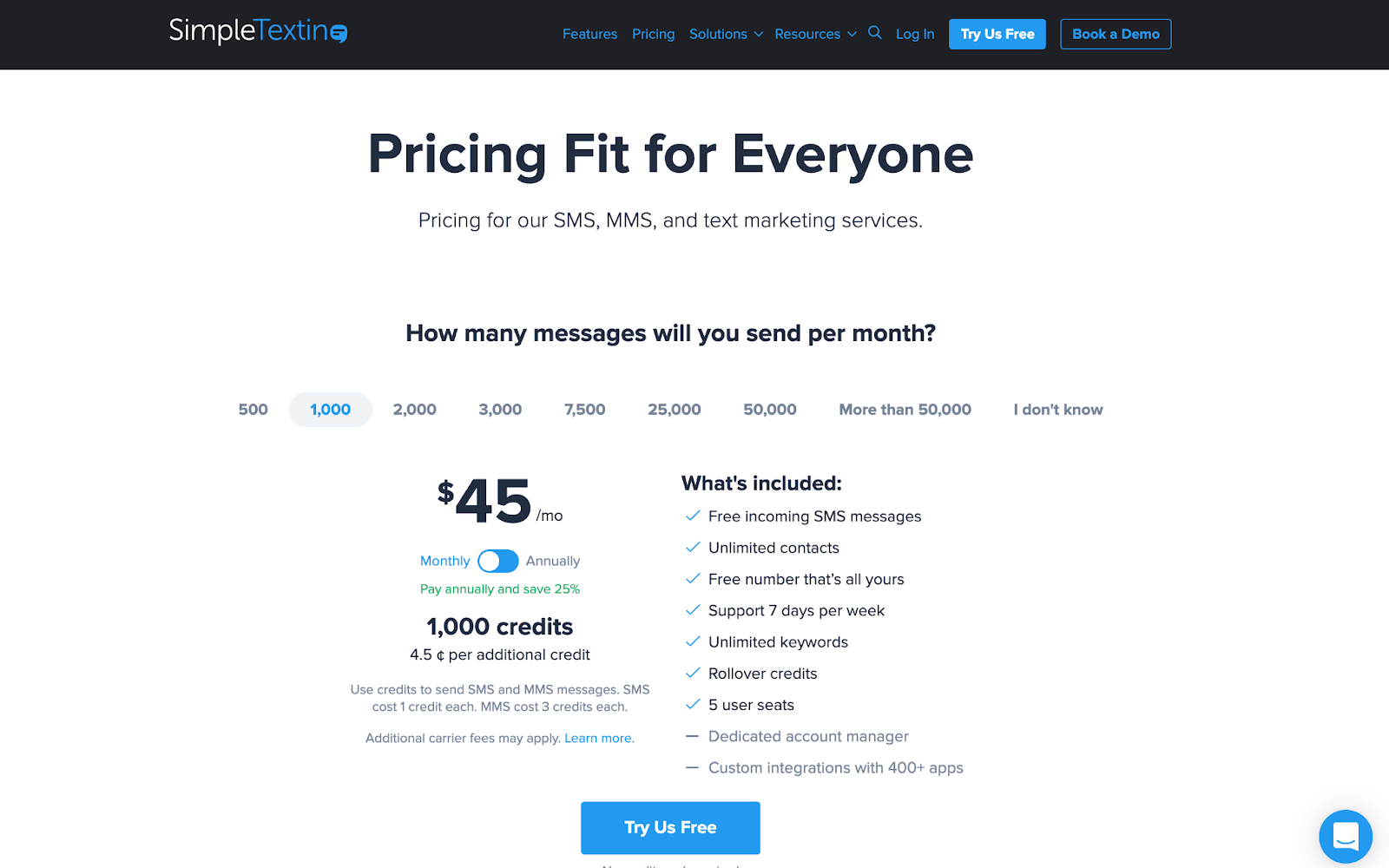 SMS software tools - SimpleTexting pricing