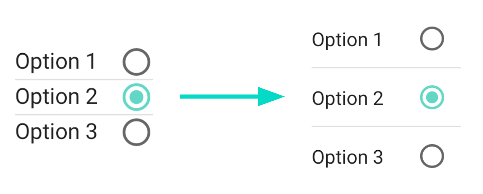 RadioButton 터치 대상 업데이트 왼쪽: Compose 1.0, 오른쪽: Compose 1.1 