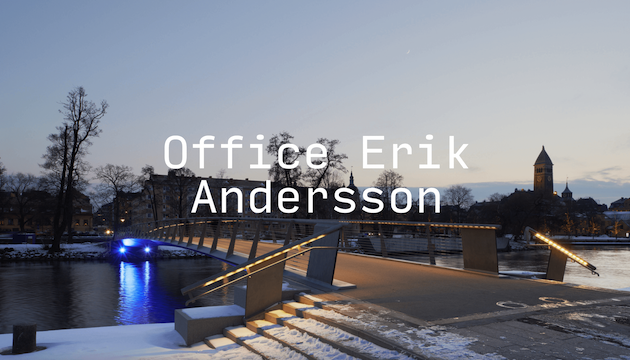 screenshot of portfolio website with text of Office Erik Andersson overlaying an image of a snowy bridge over a river