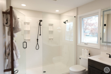 lighting shower and vanity for aging in place bathroom design custom design michigan