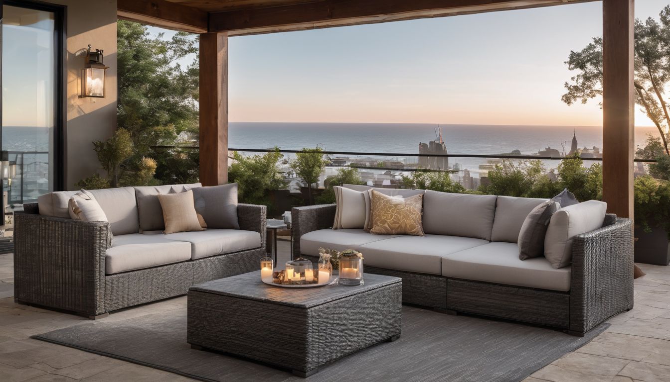 A stylish outdoor lounging area with diverse people and trendy furniture.