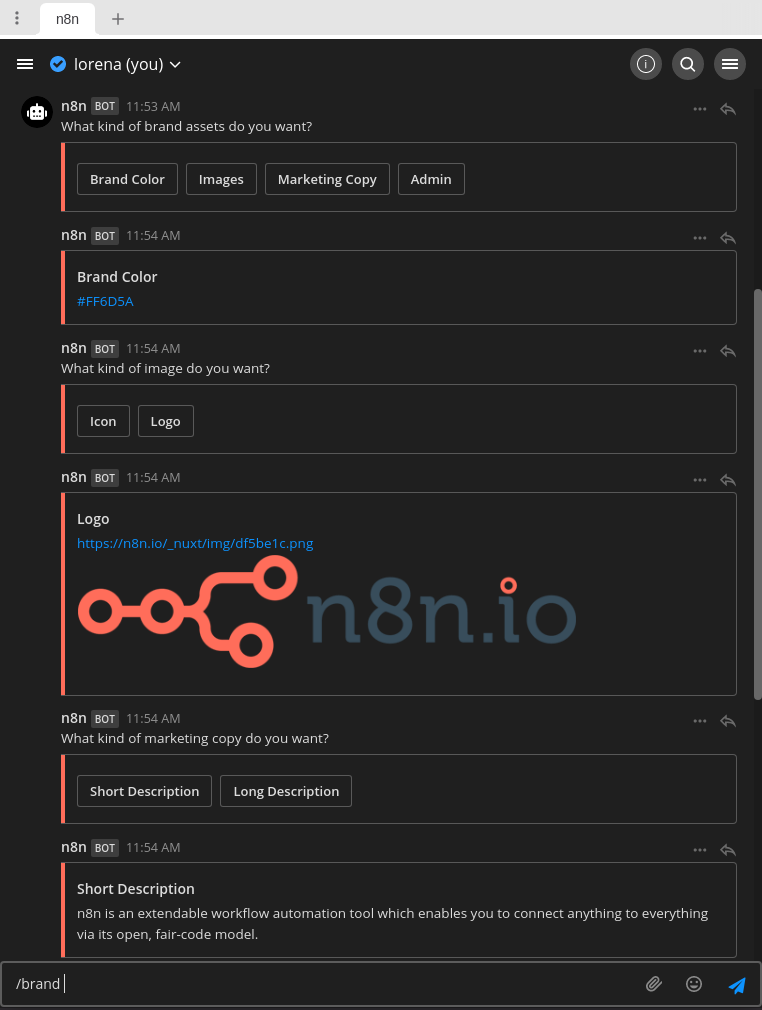 Messages showing n8n's brand color, logo, and description, posted by the n8n bot in a Mattermost channel.