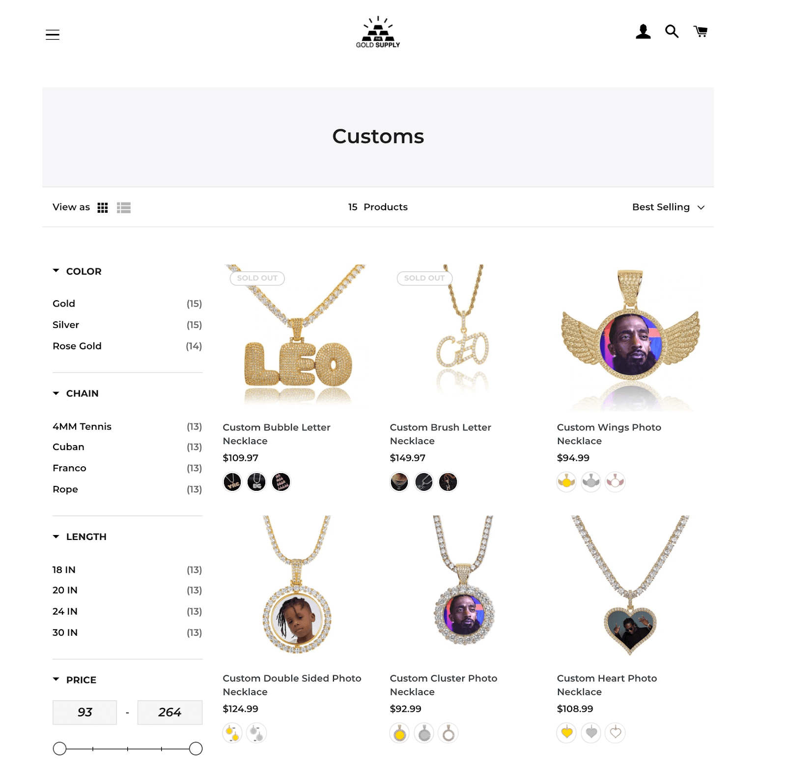 Valentine’s Day Gift Guide–A screenshot from The Gold Supply’s Custom product page showing 6 different necklaces with names or images on them. 