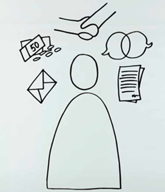 illustration of a person with symbols above the person’s head showing speech bubbles, hands shaking, papers with notes, an envelope and cash. 