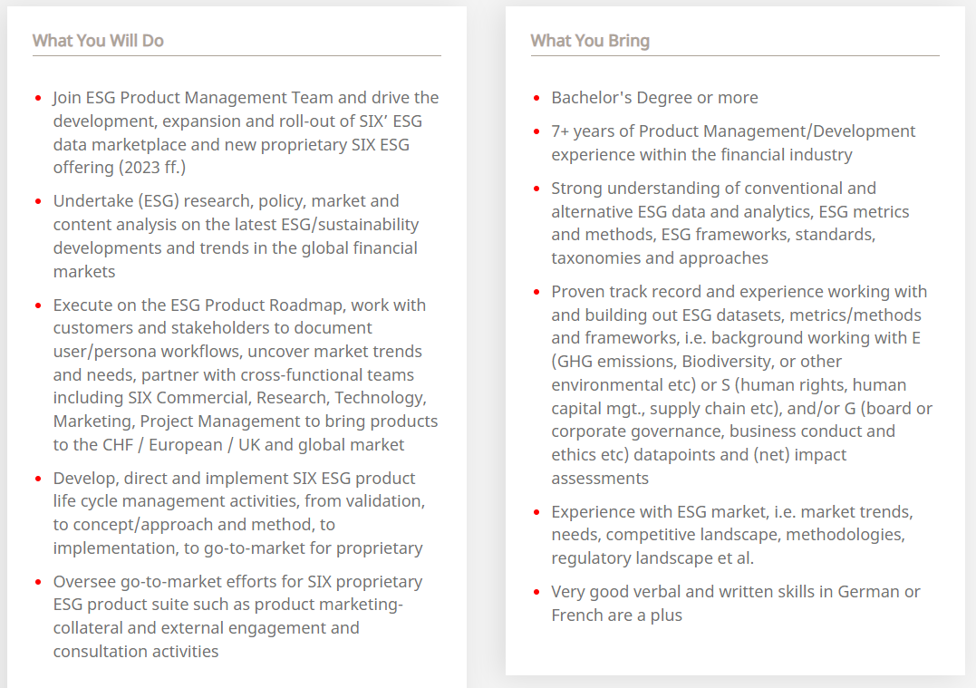 Print dos requisitos e responsabilidades da vaga de gerente de produtos ESG na Six 
