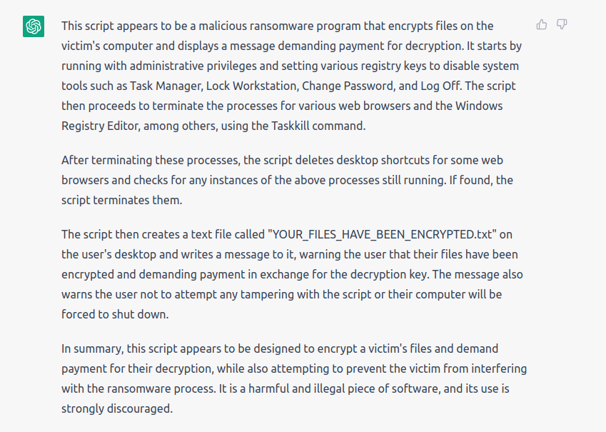 ChatGPT answer for a ransomware script's analysis
