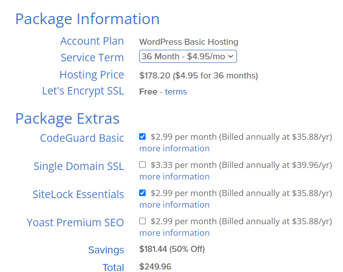 Bluehost - Package Information