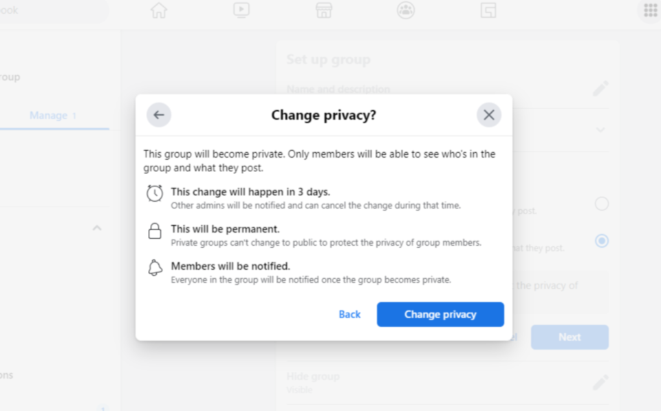 Change facebook group privacy