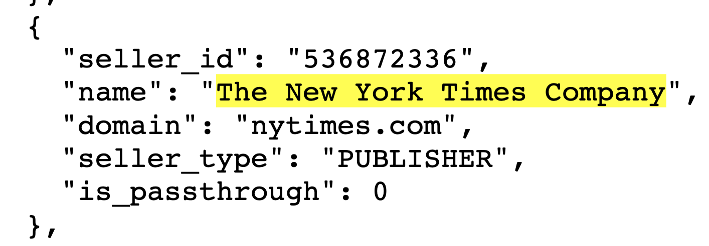 Screenshot of a seller.json file showing the nytimes.com seller ID