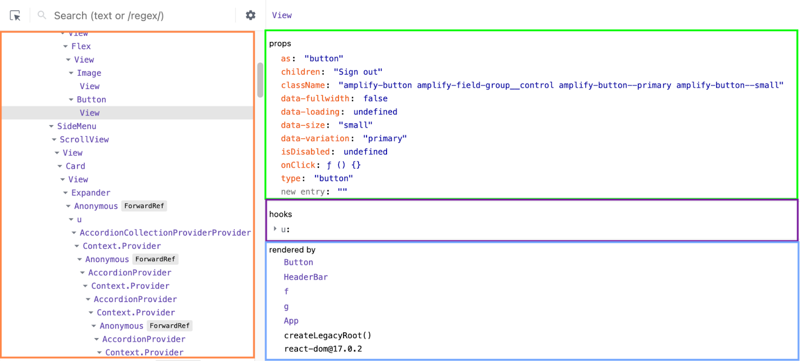 React Dev Tools Components View with sections highlighted