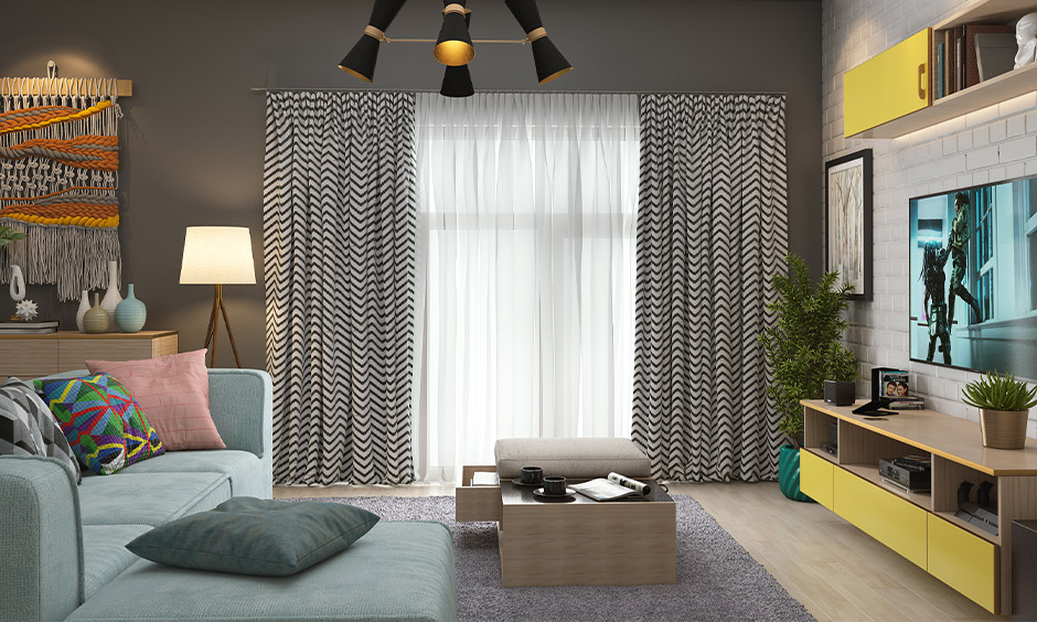 Chevron print velvet curtains in the living room
