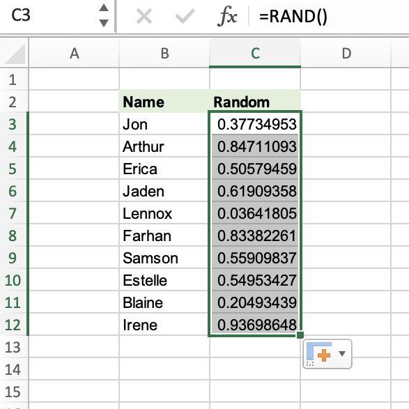 Excel table with Name and Random columns and a list of names
