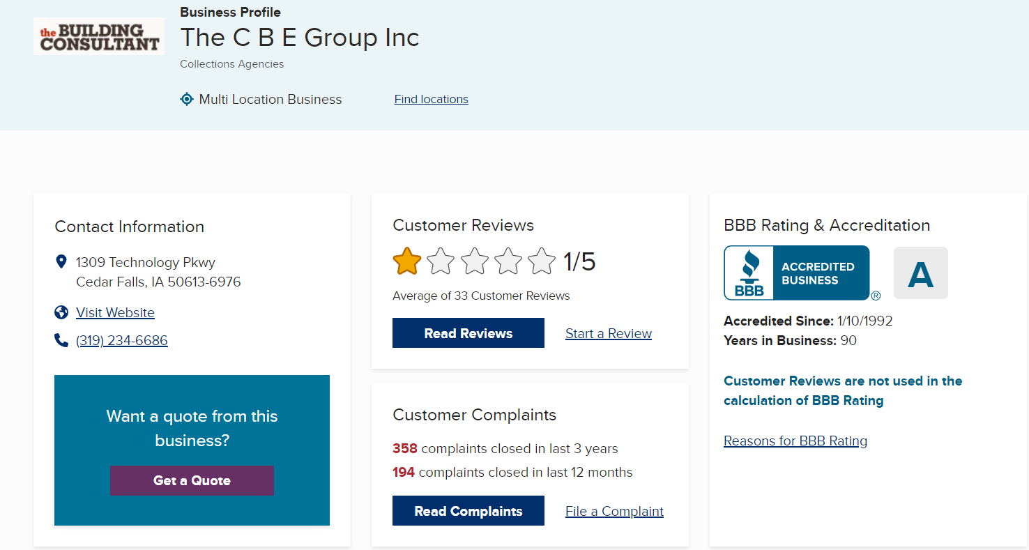 CBE Group BBB page that has a 1/5 rating with 194 complaints in the last 12 months.