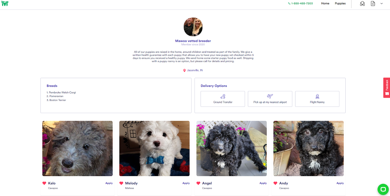 Mawoo Pets has simple breeder profile pages but they include all the info a puppy buyer needs to know.