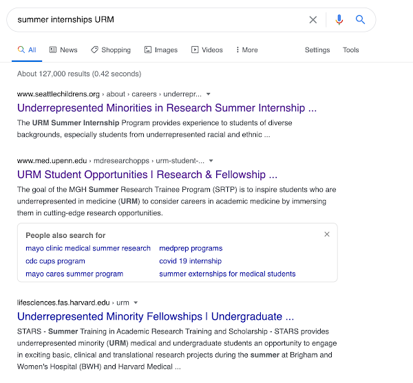 Summer internship URM google search screenshot A screenshot of the first three links that come up when you google "summer internship URM"