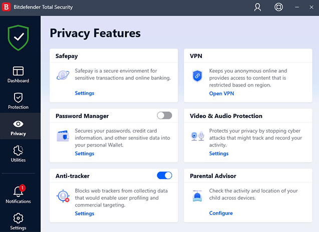 Sample of Bitdefender Software Interface and the Privacy Features Available In It