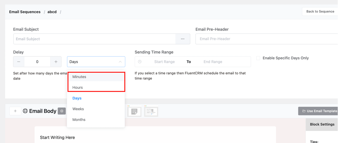 minute and hour unit selection in fluentcrm email sequence