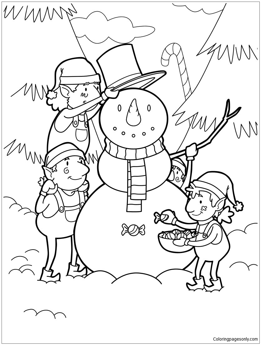 Elves Building A Snowman For Christmas Coloring Pages