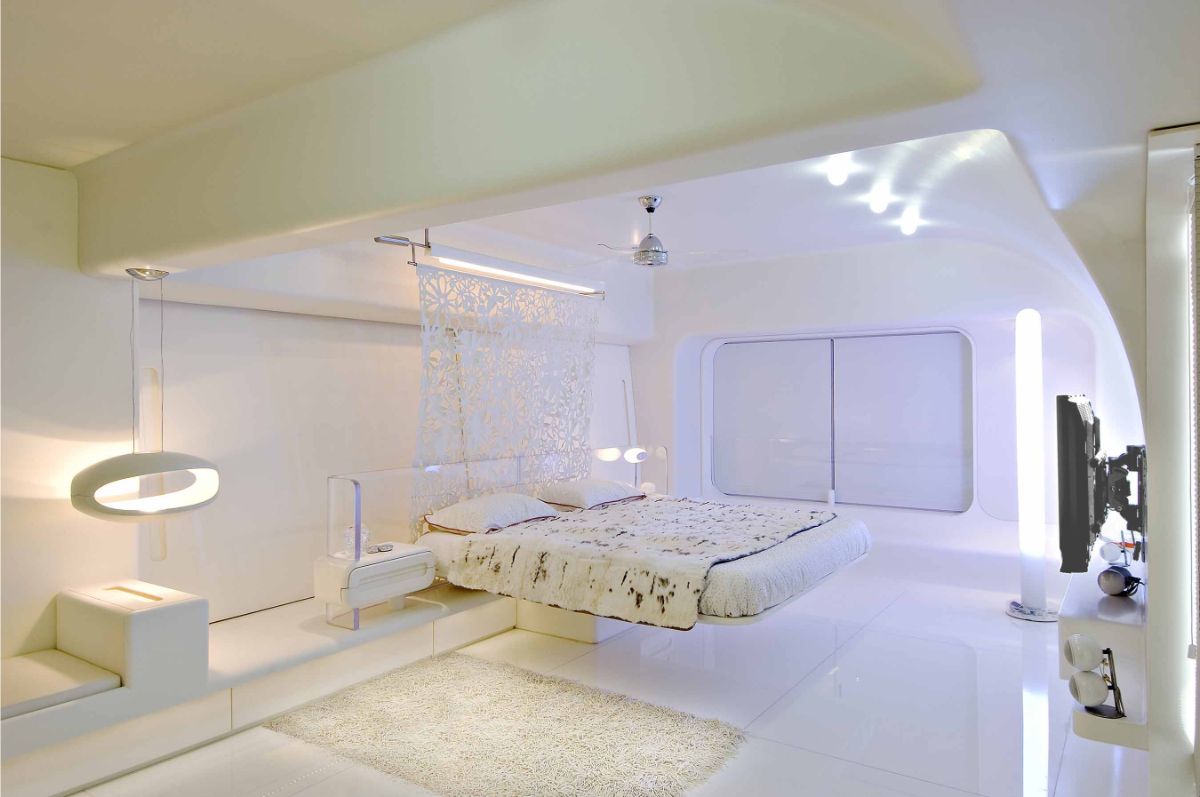 Футуристический дизайн светлой спальни 