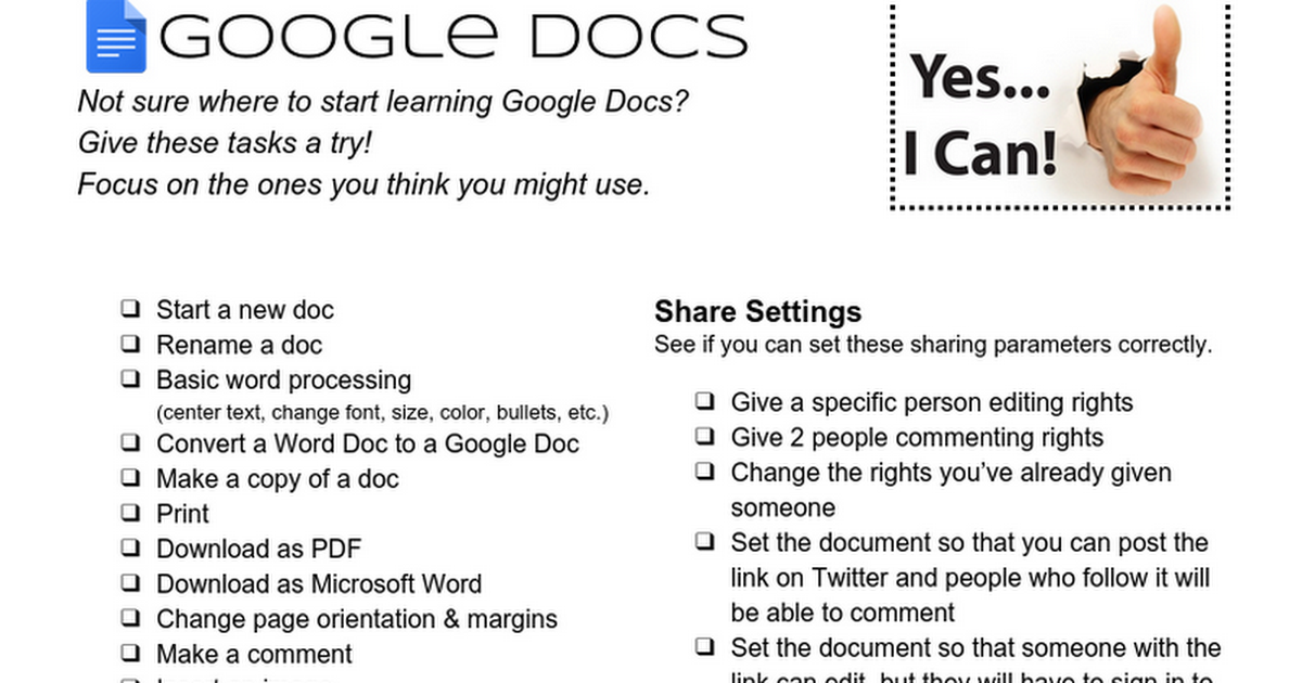 Google Docs - Things To Try Checklist