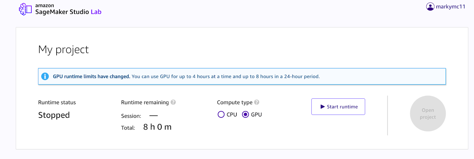 A “my project” tab on SageMaker Studio Lab showing information about runtime status, runtime remaining, and compute type.
