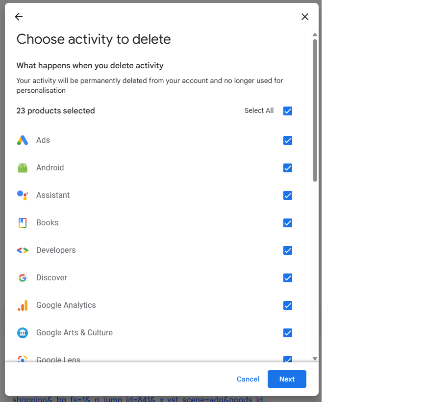 Choose Google activity to delete