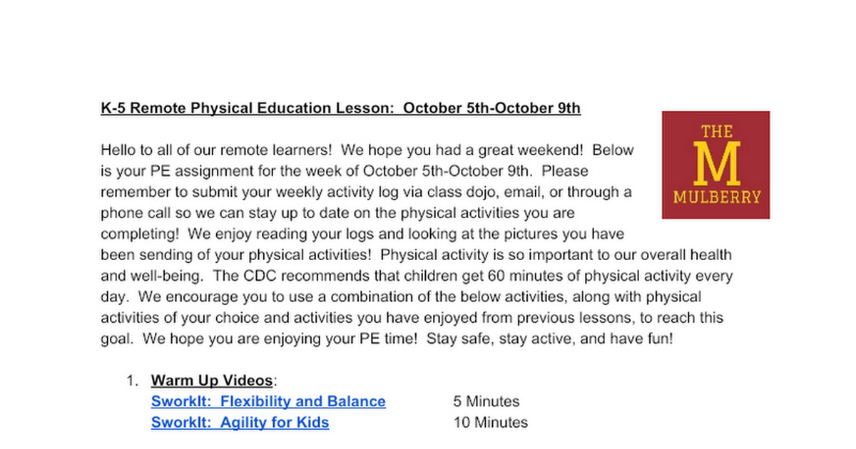 Remote Lesson October 5th-October 9th