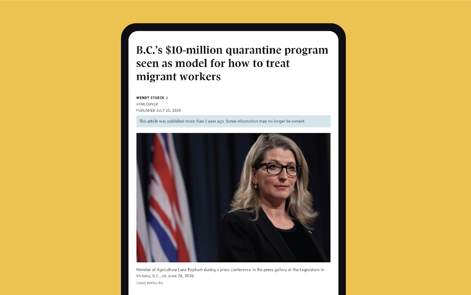 Mobile phone with screenshot of an article saying "B.C.'s $10-million quarantine program seen as a model for how to treat migrant workers." with a photo of Minister of Agriculture Lana Popham, supporting OXD's co-design project work.