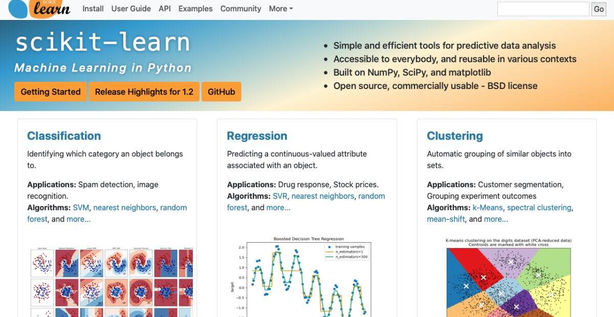 A screenshot of the official website of Scikit-Learn, showing different leads like how to get started, release highlights, and GitHub.