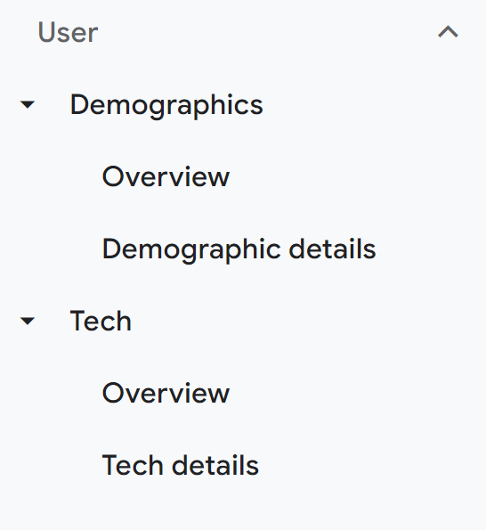 GA4's UI showing the reports menu with the life user collection expanded