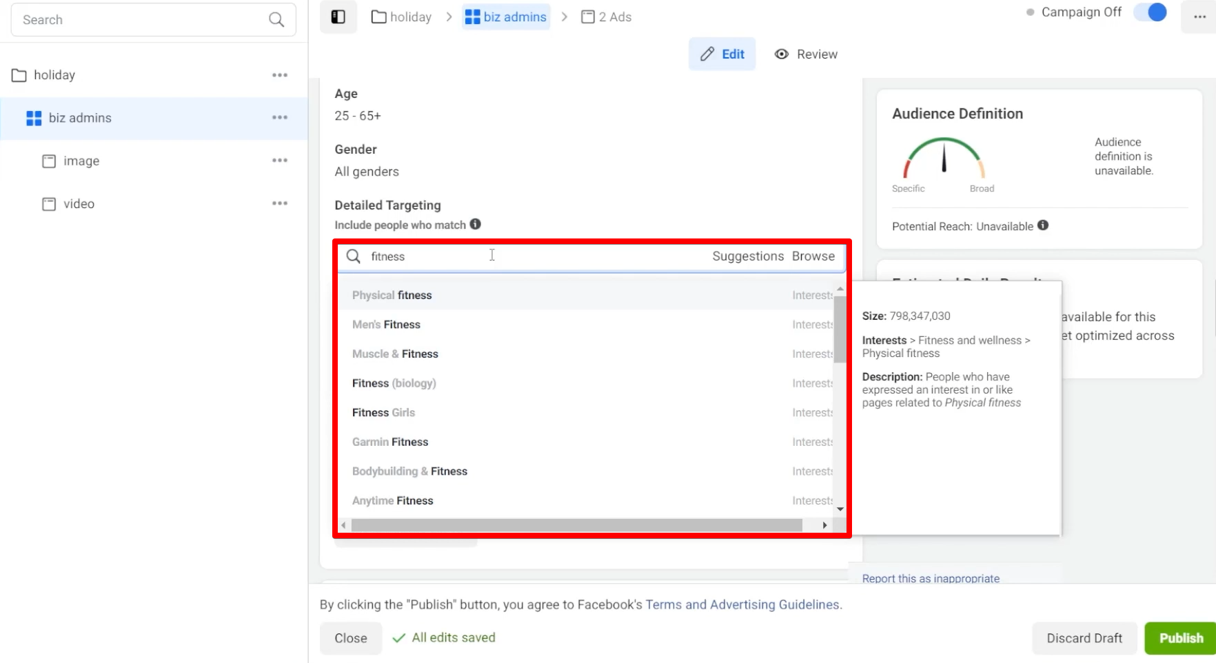 Ads Manager Facebook audience interest suggestions for the keyword fitness