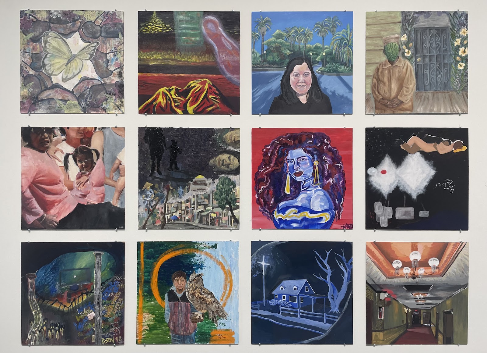 A four by four grid of student paintings.