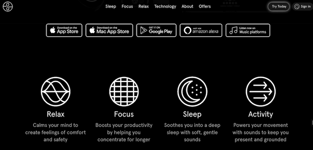 Endel App to help you relax focus and sleep. Homepage screenshot