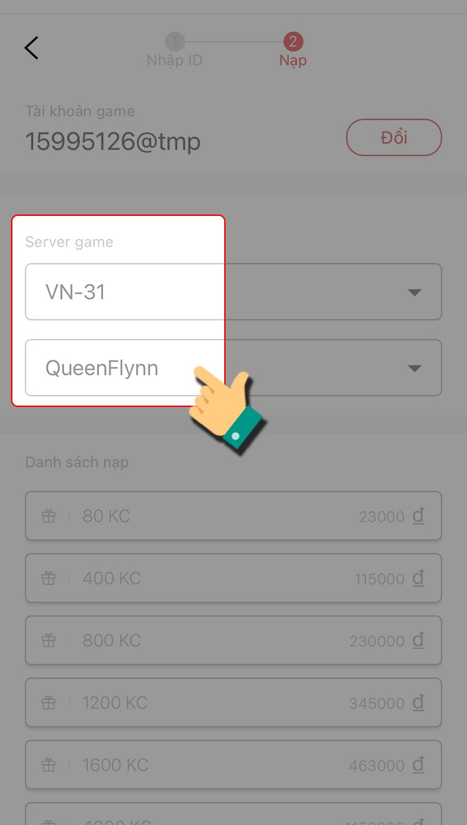 Chọn server và nhân vật