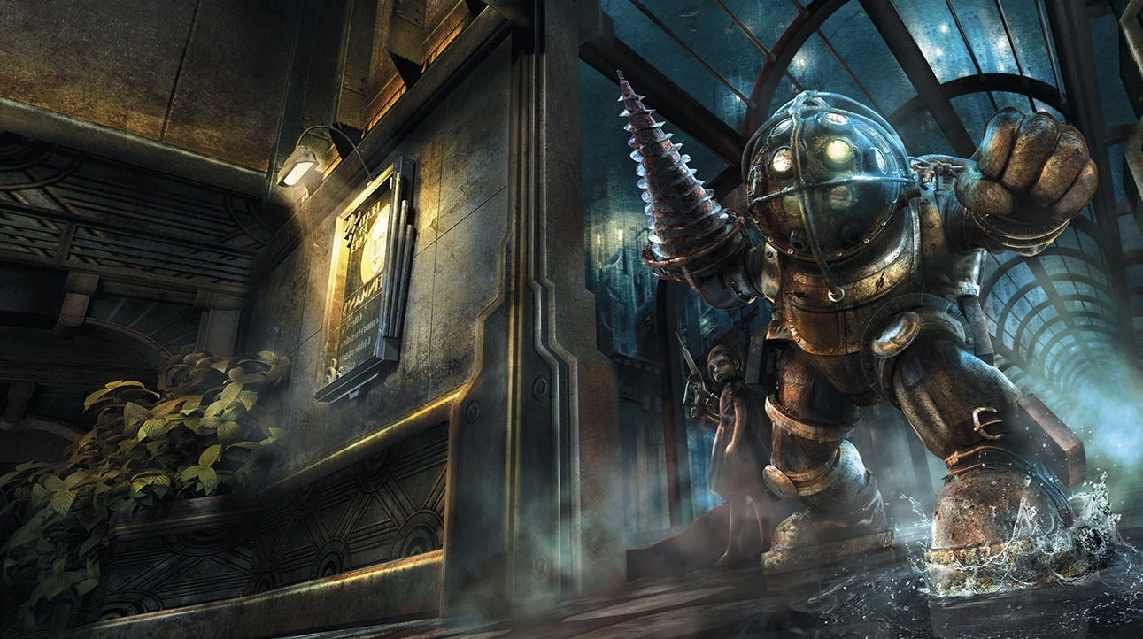 Jack in his suit next to a Little Sister in the hall in Bioshock