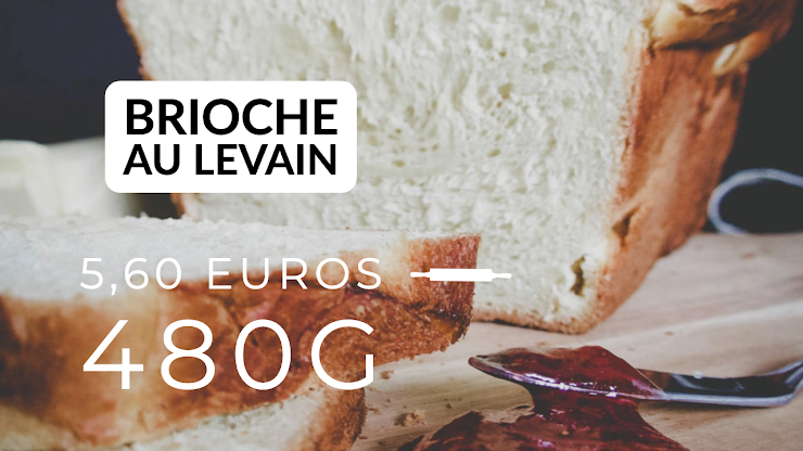 Ingrédients : farine de blé bio T80 et 15% de farine de seigle intégrale bio, oeufs bio, beurre bio, sucre de canne bio, du  levain naturel de seigle, sel de Guérande, eau. La brioche est cuite au four à feu de bois.