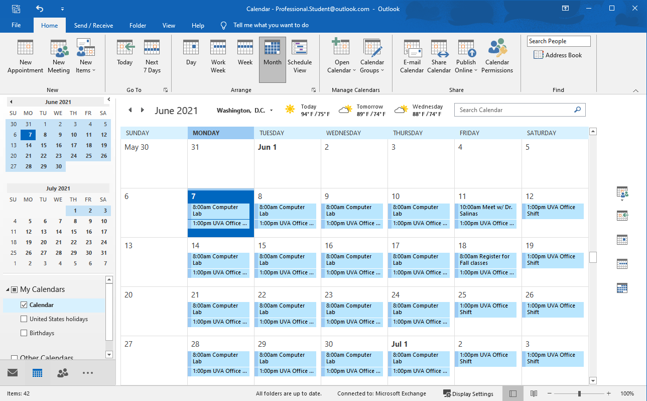 Screenshot of Outlook calendar view