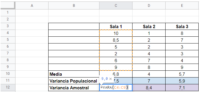 Inserindo a fórmula da variância amostral no excel 