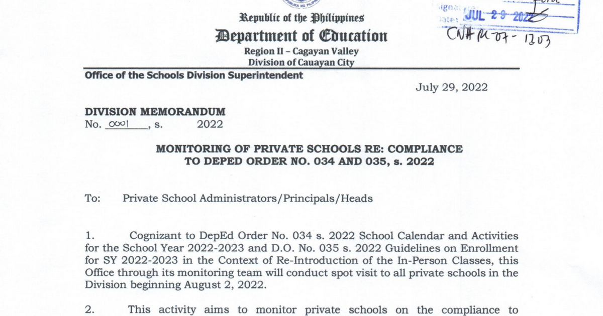 W1 08 0001 monitoring of private schools re compliance to deped order